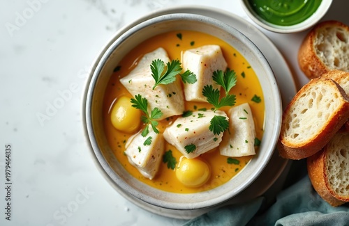 Fish stew with potatoes in creamy sauce served with bread. Parsley garnish adds color to this rich, hearty meal. Delicious dish ideal for cold days, offering comfort and warmth.