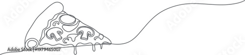 A continuous line drawing of a delicious slice of mushroom pizza on a plain white background