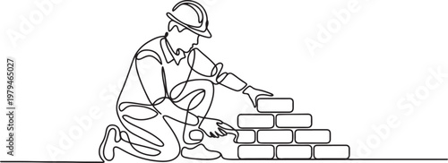 Continuous one line art of repairman building brick wall. Construction worker in uniform and helmet doing work One line draw graphic design vector