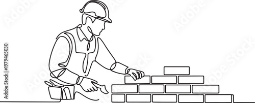 Continuous one line art of repairman building brick wall. Construction worker in uniform and helmet doing work One line draw graphic design vector