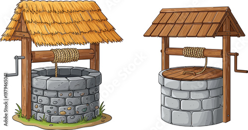Stone Well Illustration Set with Thatched Roof and Rustic Design for Rural, Nature, and Countryside Themes