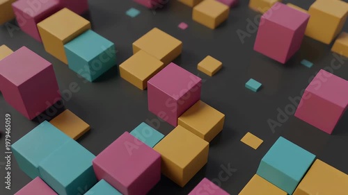 A vibrant 3D render features an arrangement of colorful cubes scattered across a dark background.