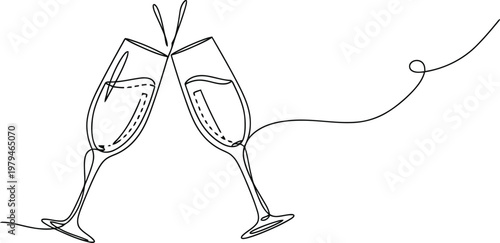A continuous single line drawing of two champagne flutes clinking together for a celebration