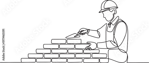 Continuous one line art of repairman building brick wall. Construction worker in uniform and helmet doing work One line draw graphic design vector