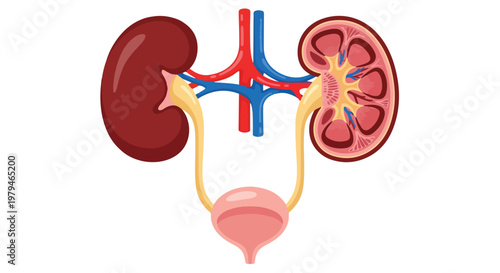 Detailed illustration of human kidneys and urinary system showing anatomy and function for medical education