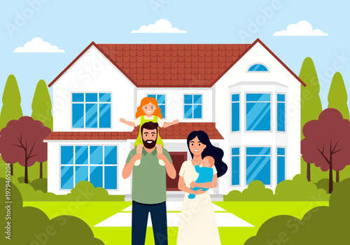 Happy Young Family with Children Standing in Front of Large New House, Real Estate, Mortgage, and Home Ownership Concept Flat Vector Illustration