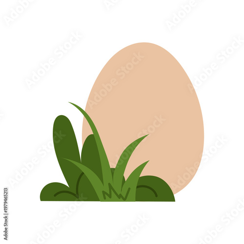 Minimalist illustration of egg in grass. Domestic bird egg. Organic farm product. For food branding, labels, and packaging.