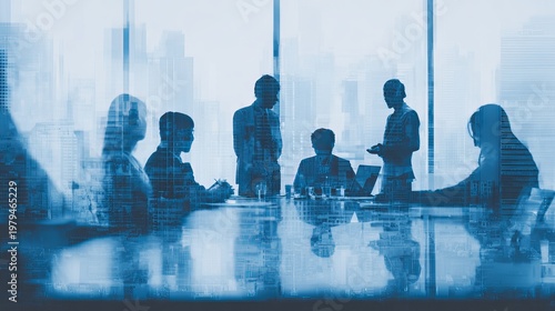 A group of business professionals gathered around a conference table in a modern office with a city skyline view