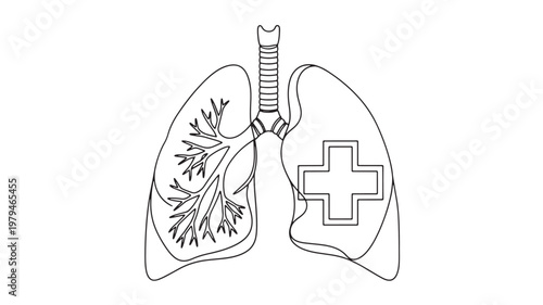 Lungs icon with outline medical lungs symbol and cross healthcare sign for respiratory health awareness