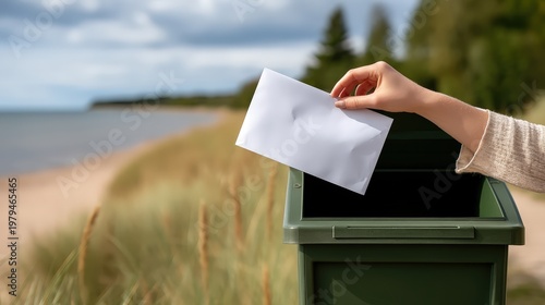 A hand places paper into a green dustbin while other colorful bins sit at the beach beside a coastal city