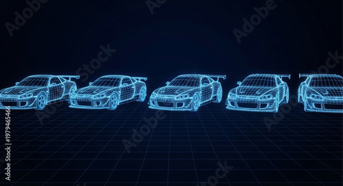 Five futuristic sports cars in a digital holographic display.
