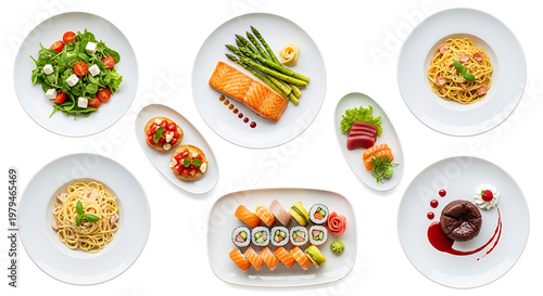 A captivating top-down view of diverse gourmet dishes, elegantly arranged on white plates, showcasing a delectable assortment of culinary creations for a sophisticated dining experience