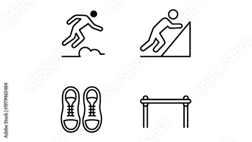 Gymnast Training Icons Set: A set of minimalist line icons depicts various exercises, athletic equipments, shoes, and obstacles symbolizing physical training.
