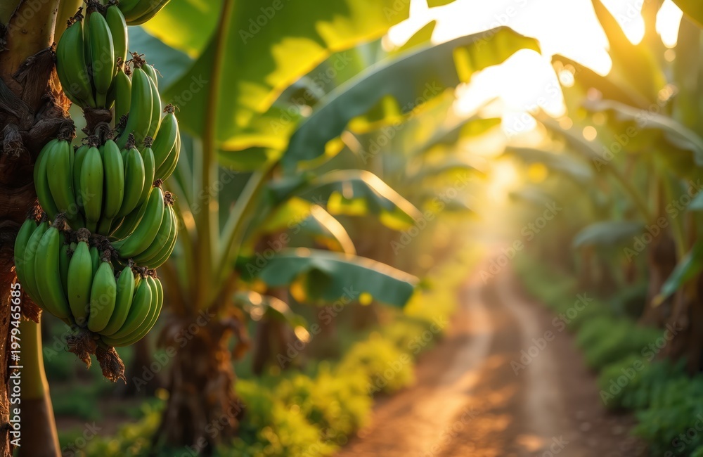 Obraz premium Green unripe bananas grow on tree branch in sunlit plantation. Dirt path leads through rich tropical foliage. Agriculture scene with young fruit bunches on plant.