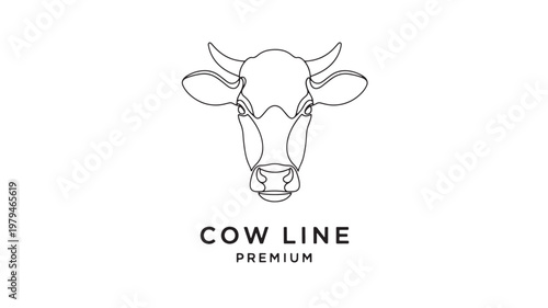 Cow head line art logo with horns and minimal outline style for dairy branding and farm identity design