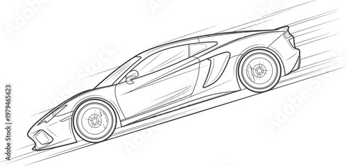 Detailed black and white line art drawing of a sleek modern luxury sports car racing forward at extreme high velocity captured in a dynamic vector illustration for coloring book page design