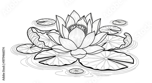 Detailed line art drawing of a beautiful lotus flower blooming on water with several lily pads floating around it, perfect for coloring.