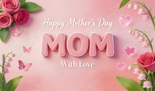 3D rendered Mother's Day greeting card with pink background, roses, hearts, butterflies, and text 'Happy Mother's Day MOM With Love'. Romantic and festive design for holiday celebration.