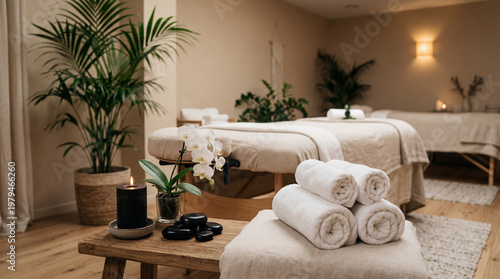 Spa ambience relaxing massage room in light colors with plants
