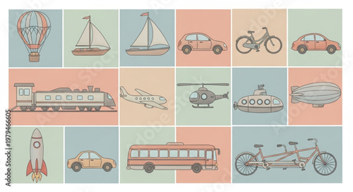 Collection of diverse transportation vehicles and modes of travel.