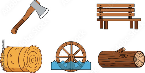 Woodworking and Rural Illustration Set with Axe, Bench, Hay, Water Wheel, and Log for Nature, Outdoor, and Countryside Designs
