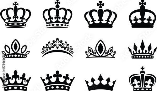 Twelve regal black crown and tiara silhouettes with princely crown illustration authority sovereign princely ceremony embellishment heraldry nobility aristocracy traditional collection