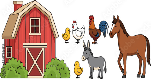 Farmyard Illustration Set with Barn, Chickens, Rooster, Donkey, and Horse for Rural, Agriculture, and Animal Designs