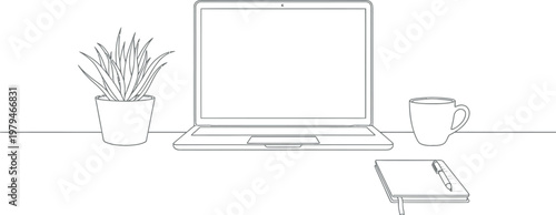 Modern minimalist laptop sitting on a clean desk beside a small potted plant and a ceramic coffee mug with an open notebook and pen for daily remote business work and planning