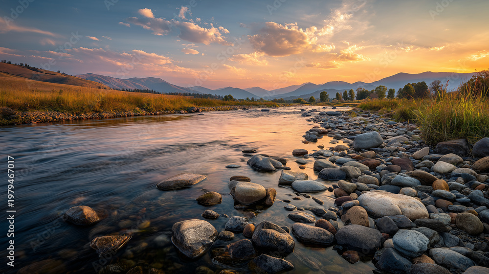 Obraz premium Natural rocky river flowing through mountain valley landscape