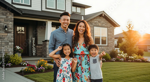 Happy Asian family in front of their new suburban home at sunset, enjoying a beautiful day