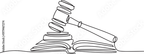 Judge gavel on book. Justice, law, court concept. Legal, juridical education. One line draw graphic design vector