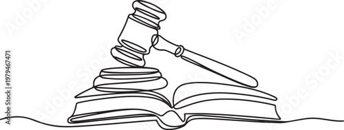 Judge gavel on book. Justice, law, court concept. Legal, juridical education. One line draw graphic design vector