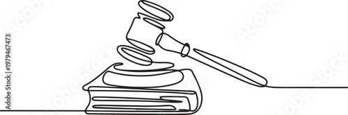 Judge gavel on book. Justice, law, court concept. Legal, juridical education. One line draw graphic design vector