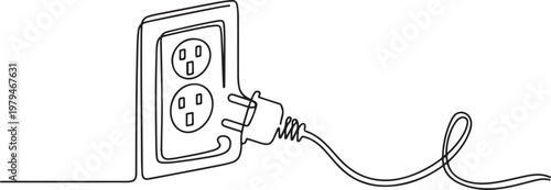 One continuous line drawing of plug inserting into electric outlet. Power socket energy disconnect in simple linear style. One line draw graphic design vector