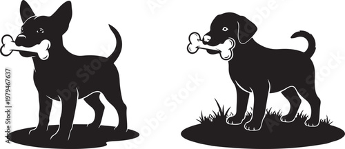 Black Silhouette of Cute Dog Holding Bone Vector Illustration.