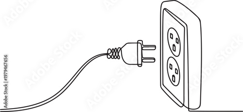 One continuous line drawing of plug inserting into electric outlet. Power socket energy disconnect in simple linear style. One line draw graphic design vector