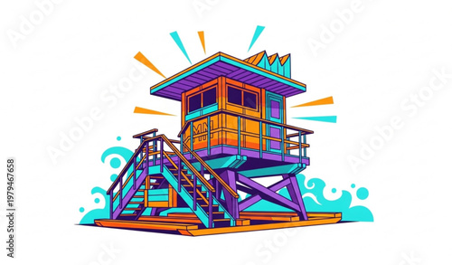 Colorful Miami Beach lifeguard tower vector vibrant summer coastal scene isolated on white background