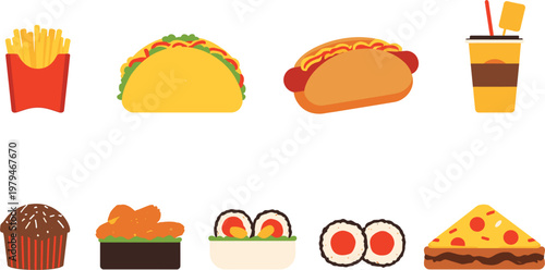 Assortment of popular fast food items in a clean bright graphic style