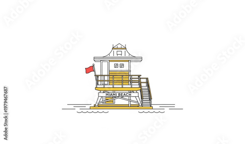 Minimal line art Miami lifeguard tower vector beach safety station isolated on white background