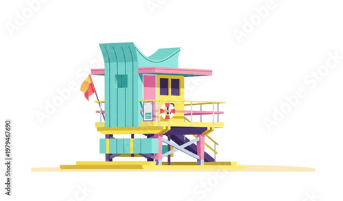 Miami Beach lifeguard tower vector in pastel colors coastal summer scene isolated on white background