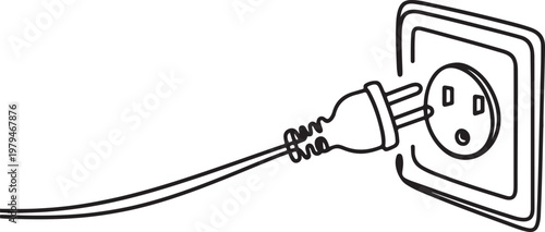 One continuous line drawing of plug inserting into electric outlet. Power socket energy disconnect in simple linear style. One line draw graphic design vector