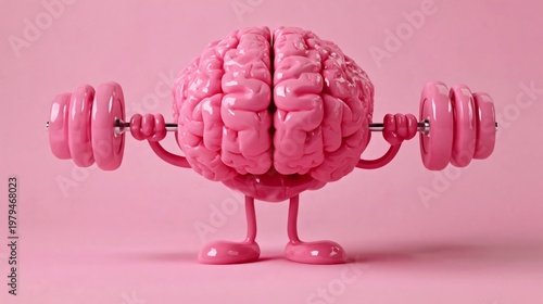 Cartoon brain character lifting pink dumbbells against a solid pink background, showcasing a playful and whimsical representation of fitness and mental strength