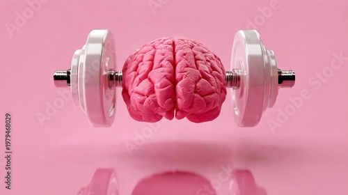 Pink brain shaped dumbbell with white weights on either side, set against a smooth pink background, symbolizing mental fitness and strength training concepts