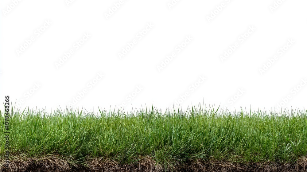Fototapeta premium Grass grows in a colorful meadow shown against a white background, ready for text or logo placement in a clean layout