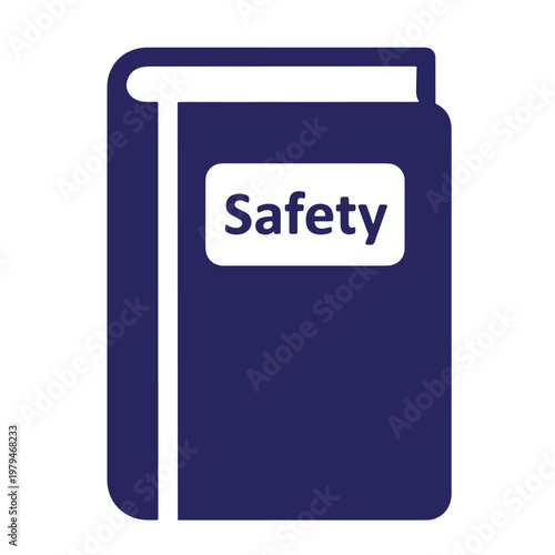 Dark blue of a closed book with a white rectangular label on the cover containing the word safety in bold dark blue text, isolated on a white background