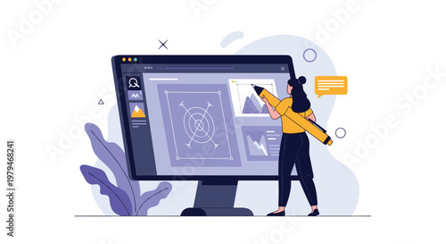 Digital graphic design and creative work concept with a woman using a large pencil to create artwork on a screen.