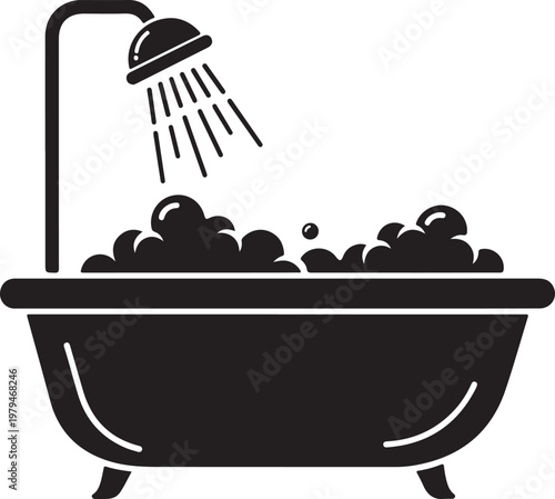 Black silhouette icon of a bathtub with foam bubbles and a shower head spraying water.