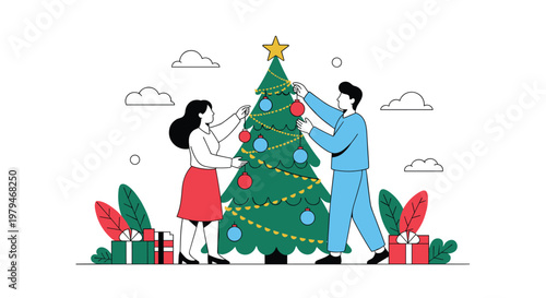 Festive holiday celebration concept with a couple happily decorating a large green Christmas tree with ornaments.
