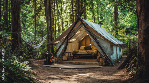 Tent and hammock between trees in forest camping area