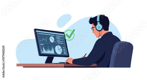 Financial analyst or customer support professional working at a computer desk with data charts and graphs.